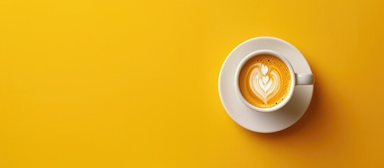 Innovative concept with a minimal theme: Coffee time displayed on a yellow backdrop. - obrazy, fototapety, plakaty