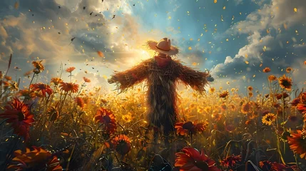 Foto op Plexiglas anti-reflex Whimsical Scarecrow Amidst Vibrant Sunflower Field at Autumn Sunset © sathon