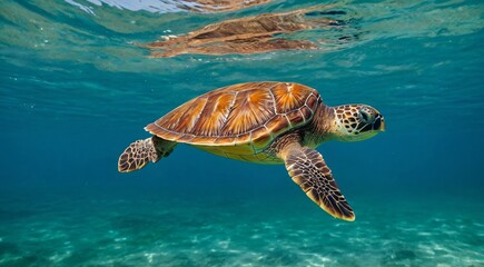 Fototapeta premium Green sea turtle swimming in turquoise ocean water, majestic marine reptile underwater with surface reflection, tropical aquatic wildlife photography