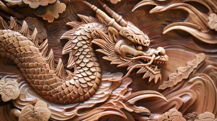 Wooden carving texture, carved Chinese motifs with Dragon, flowers, leaves and abstract shapes and textures, organic shapes, natural eco color palette, AI generated