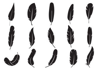 Vector Feather Icons collection. Black feather silhouette set.