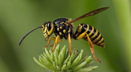 A wasp perched on a green plant stem.

