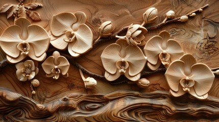 Wooden carving floral background with carved detailed elegant orchid flowers, craft hand made...