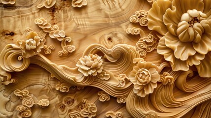 Wooden carving texture, carved Chinese motifs with flowers, leaves and abstract shapes and texture, organic shapes, natural eco color palette, AI generated