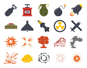 Collection of bombs and explosions - vector. War weapons set.