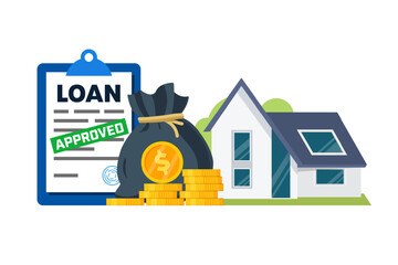 House loan or mortgage vector illustration. House, Document and Money Bag. Real estate business.