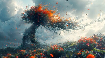 Fiery Autumn Tree Erupting in a Dramatic Stormy Landscape,a Transformative Scene of Natural Power and Renewal - obrazy, fototapety, plakaty