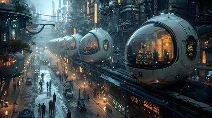 Futuristic City with Steam-Powered Locomotives and Glowing Lights in the Nightscape - obrazy, fototapety, plakaty