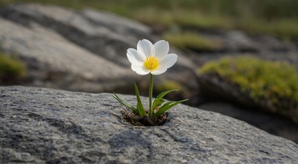 A single flower blooming on a rock in nature.  