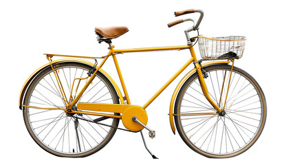 Yellow retro bicycle with basket isolated on white background  