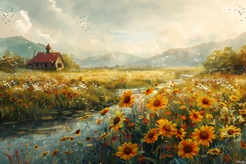 Picturesque Sunlit Meadow with Blooming Sunflowers and Quaint Rural Cottage