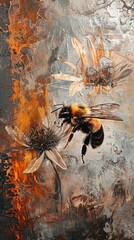 Fototapeta premium Capture the intense texture of an oil painting depicting a close-up shot of a bee pollinating a flower, showcasing the delicate balance of nature