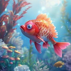 A vibrant animated goldfish swims amidst a colorful underwater scene