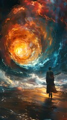 Solitary Figure Confronting the Cosmic Turbulence of an Otherworldly,Fiery Landscape - obrazy, fototapety, plakaty