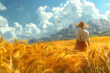 Solitary Figure Exploring Vast Wheat Field Under Expansive Sky