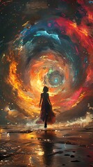 Solitary Traveler Entering a Cosmic Portal of Swirling Nebulae and Celestial Energies