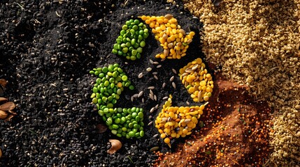 Fototapeta premium Composting Emblem: Recycle Logo Crafted from Grains and Seeds on Fertile Soil