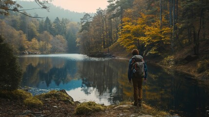 Fototapeta premium Hiker with backpack hiking stands next to tranquil reflective mirror lake in forest with tall trees during day