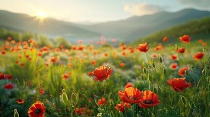Panoramic floral background, web banner with poppy flowers field, panoramic view on wildflowers spring meadow in sunrise, natural view, AI generated image