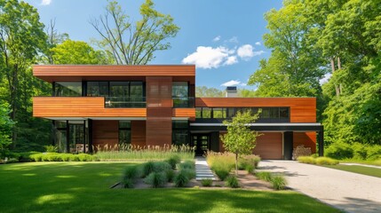 American style mansion house home square roof two-storey green lawn stone walk way small bushes trees in background