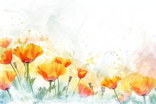 Hand painted watercolor floral background, web banner with bold vivid poppy flowers, spring and summer vibes, blooming poppy meadow in sunrise, natural view, AI generated image