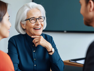 A female senior listening to her young co-workers with a smile.