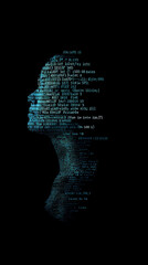 Digital human head silhouette with code overlay against a black background.
