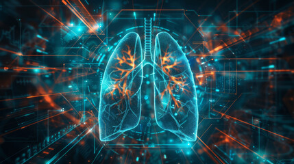 Lungs, medical and technology with 3D dashboard on screen for innovation, research or science. Computer, interface and organs with healthcare hologram on display for futuristic study of breathing
