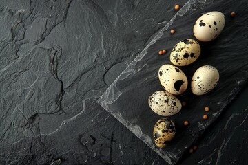 Quail eggs. Black stone background. View from above. place for text. generative ai