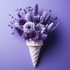 ice cream cone filled with purple flowers against a monochromatic purple background