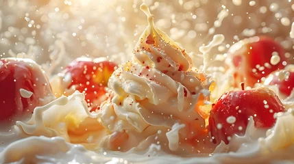 Fotobehang Decadent Whipped Cream and Strawberry Dessert Drizzled with Sugary Splatter © sathon