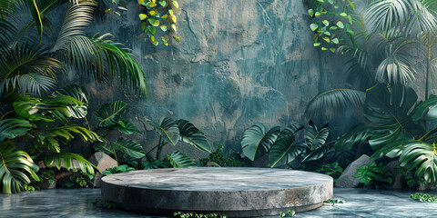 empty stone round podium pedestal amidst on  tropical jungle leaves background, a mockup for a product presentation.empty Stone podium scene summer background 