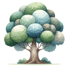 A cartoon tree with a big trunk and a round canopy of blue and green leaves.
