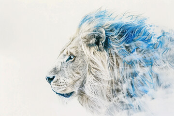 A regal lion with a distinct blue and white mane, emanating power and nobility against a pristine white backdrop. - obrazy, fototapety, plakaty