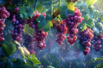 Lush Green Grape Vines with Clusters of Ripe Purple Grapes Hanging Under the Rain in a Picturesque Vineyard Landscape