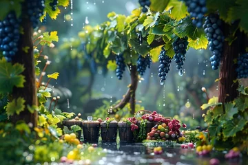 Fotobehang Lush Vineyard with Grapevines,Ripe Grapes,and Refreshing Water Droplets in a Rustic Countryside Setting © sathon