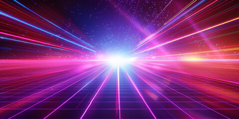 A retro synthwave background with neon grid lines and purple, blue and pink light rays.  '80s aesthetic with glowing geometric patterns and grid structures. Retro Sci-Fi Background Futuristic Grid 