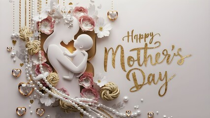 3D Cute Mom silhouette holding a baby decorated with rose flowers , illustration for Happy Mothers Day Card. Generative AI. - obrazy, fototapety, plakaty