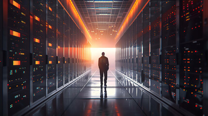 A lone figure walks down a long, brightly lit hallway. The walls are lined with servers, and the air is filled with the hum of machinery.