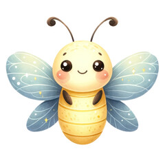 A cute cartoon bee with a friendly face, big sparkly eyes, and blue butterfly wings.