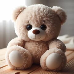 Obraz premium Fluffy Teddy Bear Sitting on a Wooden Surface in Soft Lighting