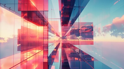 a structure composed of intersecting glass panels, creating a kaleidoscopic effect as they reflect and refract the surrounding environment.