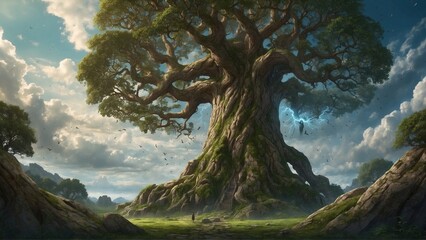 Enter the realm of Yggdrasil, where the mighty tree stands tall and proud - obrazy, fototapety, plakaty