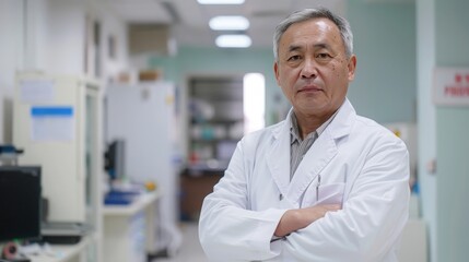 china male doctor, 60 years old, standing in the hospital office, white coat, copy and text space, 16:9