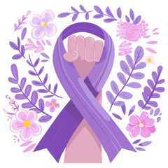 close-up view of a hand holding a purple breast cancer awareness ribbon, with a background of beautiful flowers in various colors