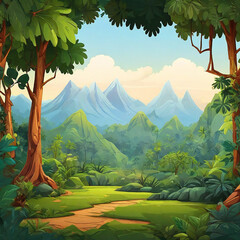 Mountain forest jungle trees cartoon background