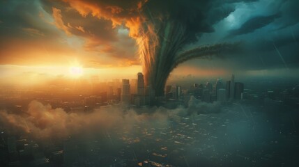 Tornado twister, destruction, capital, destroyed houses, copy and text space, 16:9 - obrazy, fototapety, plakaty