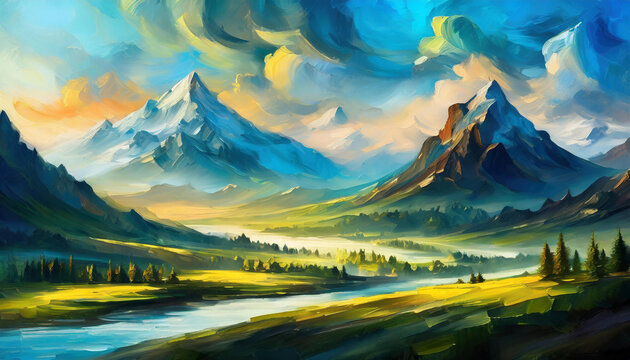 Oil painting of majestic landscape with mountains. Green nature. Beautiful natural scenery.