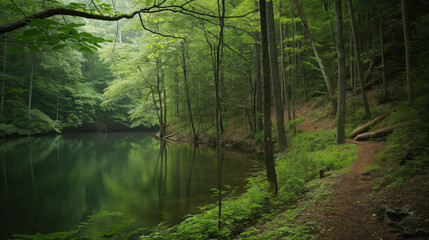 Tranquil lake beside hiking path in forest with green tall trees peaceful and quiet