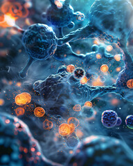 A high-tech illustration showcasing a microscope and blue DNA strands
